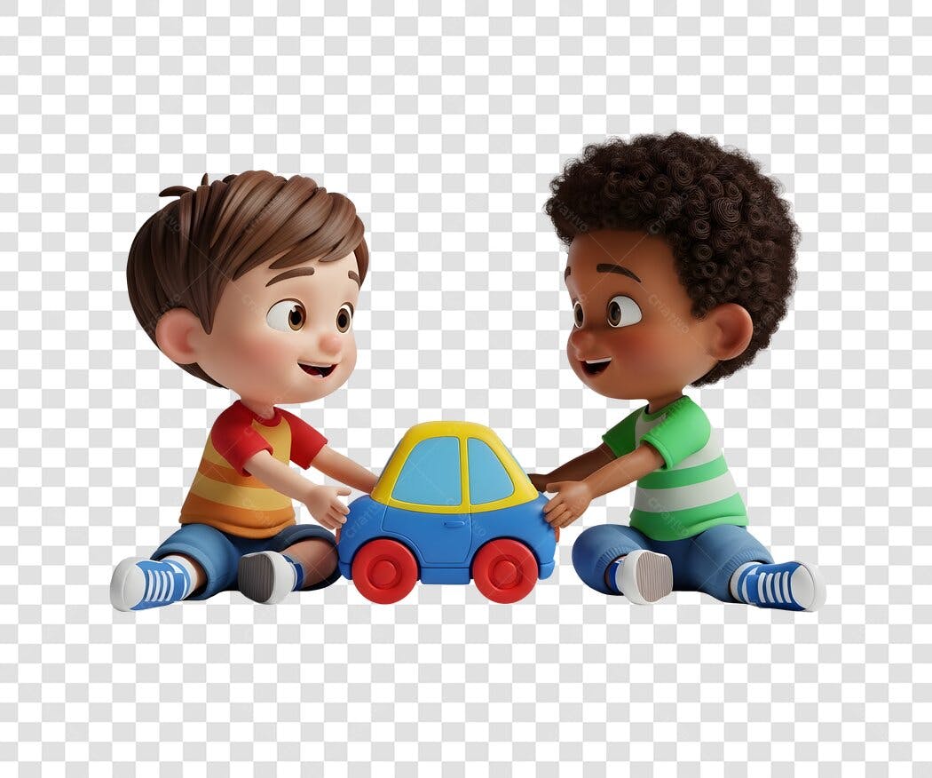 Ilustração Meninos Branco e Negro Amigos Brincando Carro Azul Amarelo PNG com fundo transparente