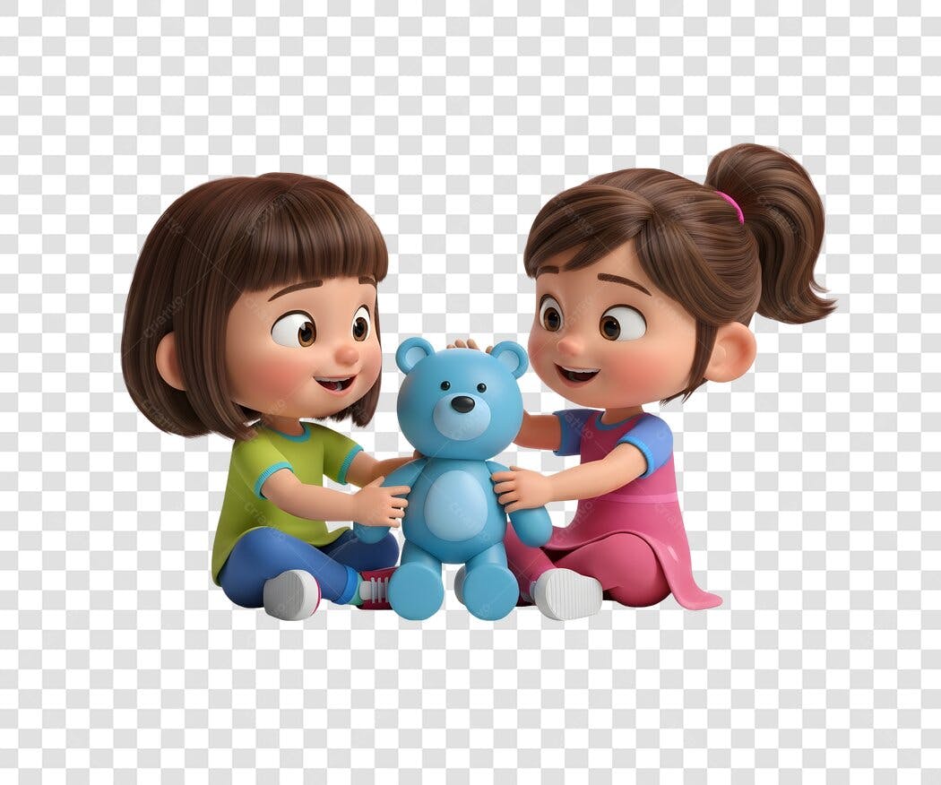 Ilustração 3D Meninas Brincando com Ursinho Azul PNG com fundo transparente