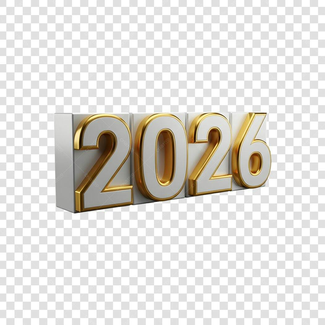 Elemento 3D Ano 2026 branco dourado para celebração PNG com fundo transparente