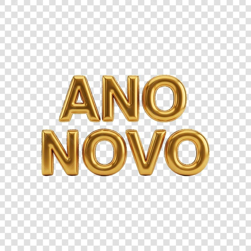 Texto 3D Celebração Ano Novo dourado metálico PNG com fundo transparente