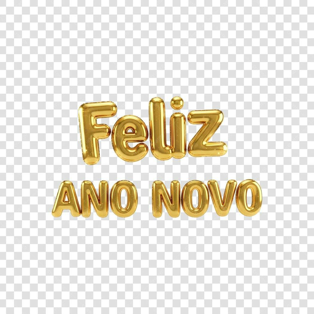 Texto Feliz Ano Novo dourado metalico balão 3D PNG com fundo transparente