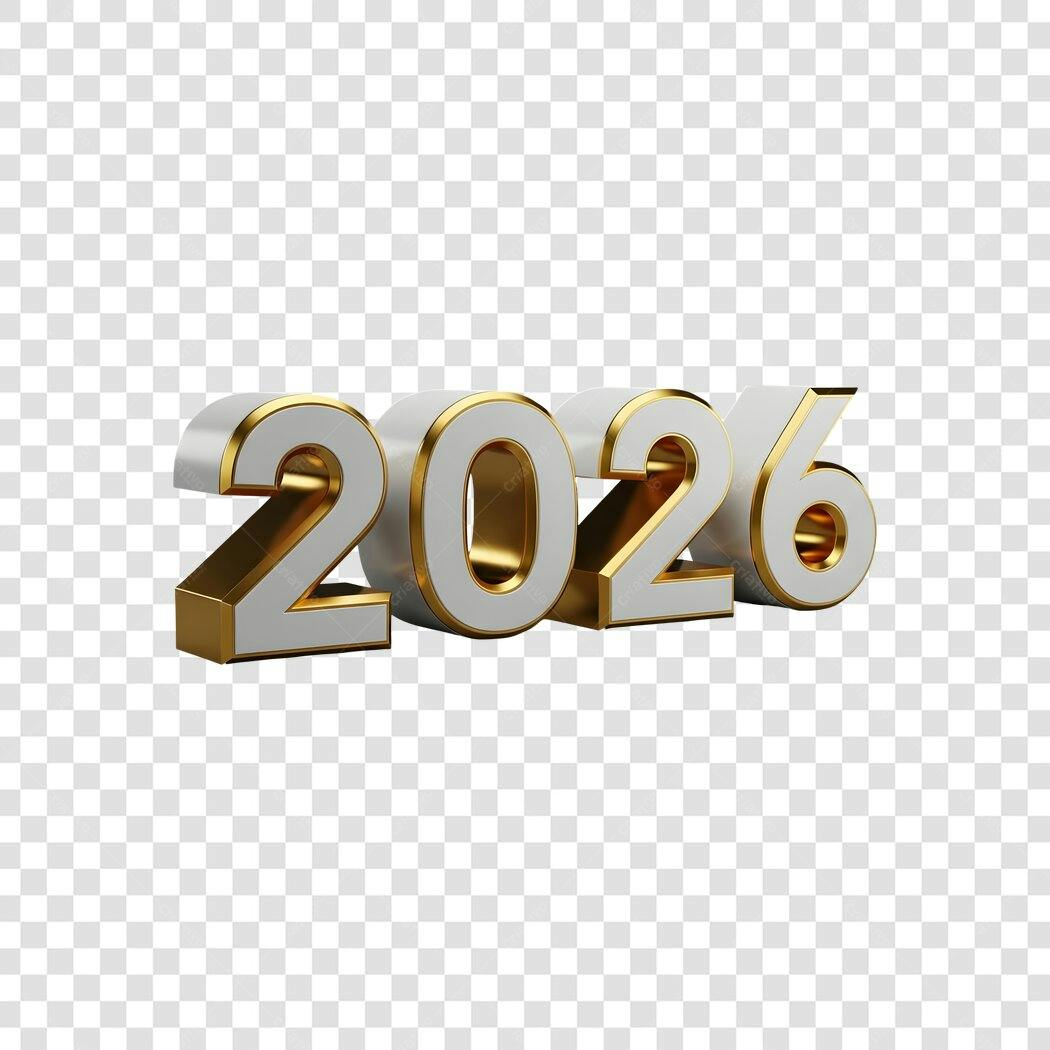 Número 3D 2026 Ano Novo Branco Ouro Metálico PNG com fundo transparente