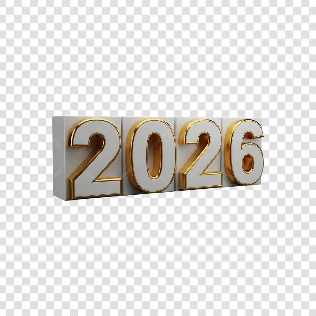 Elemento 3D 2026 Ano Novo Dourado Branco PNG com fundo transparente
