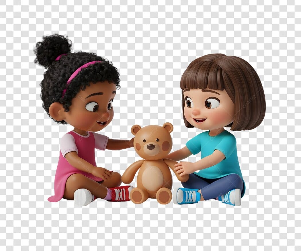 Ilustração 3D Meninas Amigas Brincando Urso Pelúcia Diversidade PNG fundo transparente