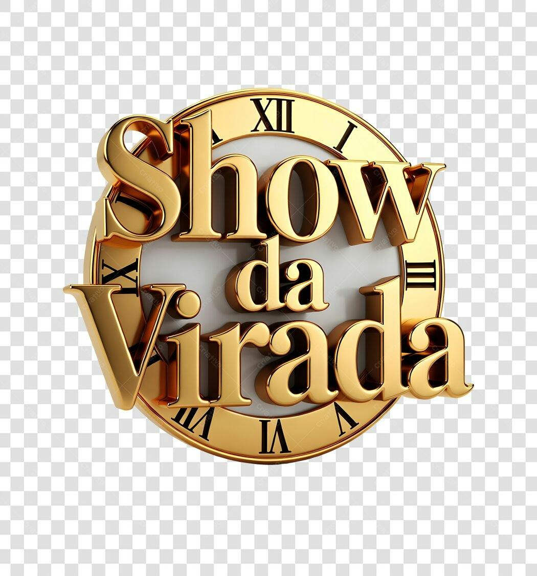 Título 3D dourado Show da Virada Ano Novo relógio festa PNG com fundo transparente