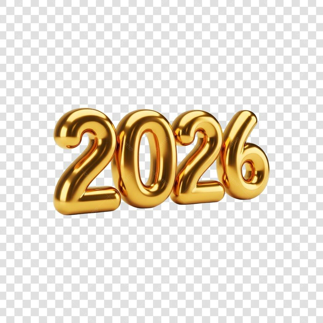 Número 3D 2026 dourado metálico para Ano Novo PNG com fundo transparente