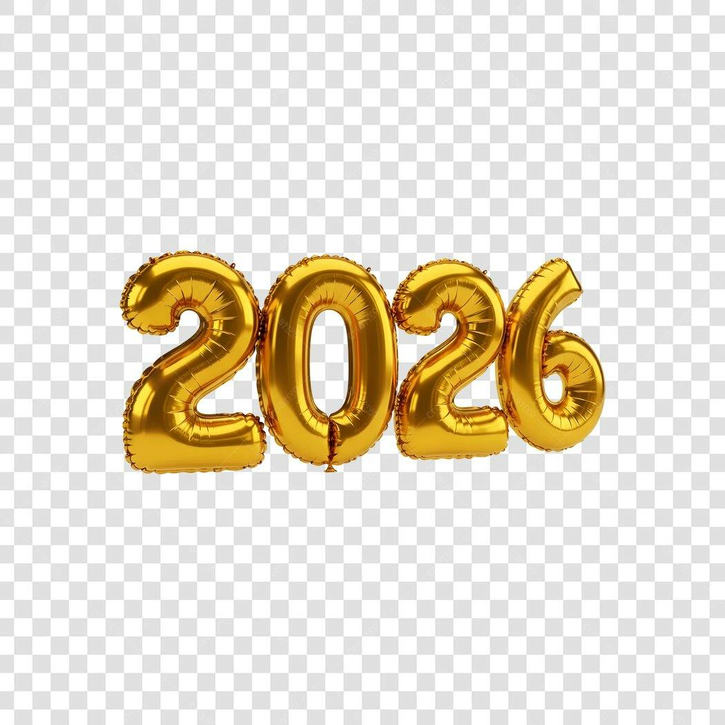 Elemento Gráfico Ano Novo 2026 Balões Dourados PNG com fundo transparente