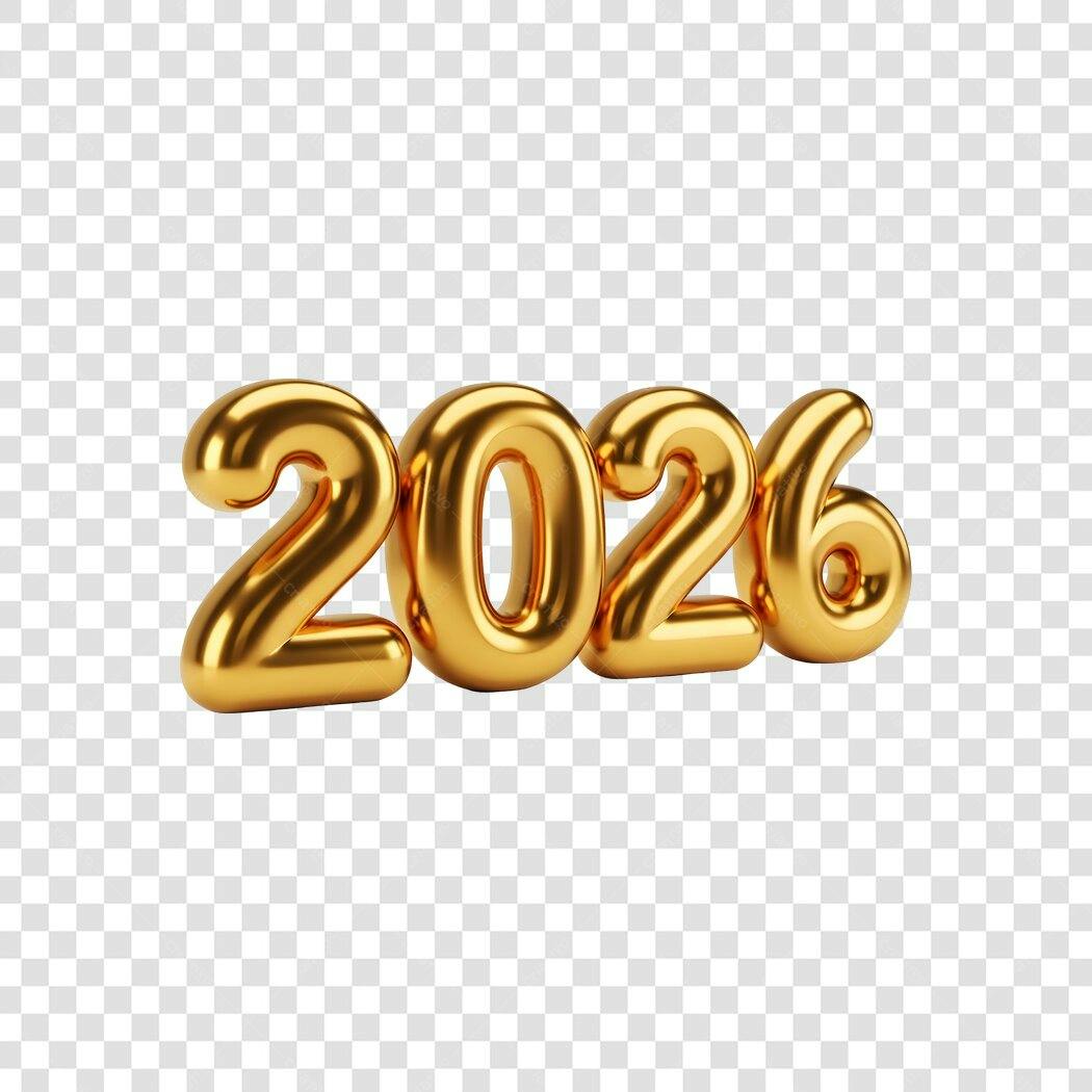 Número 2026 dourado 3D para Ano Novo e eventos PNG com fundo transparente