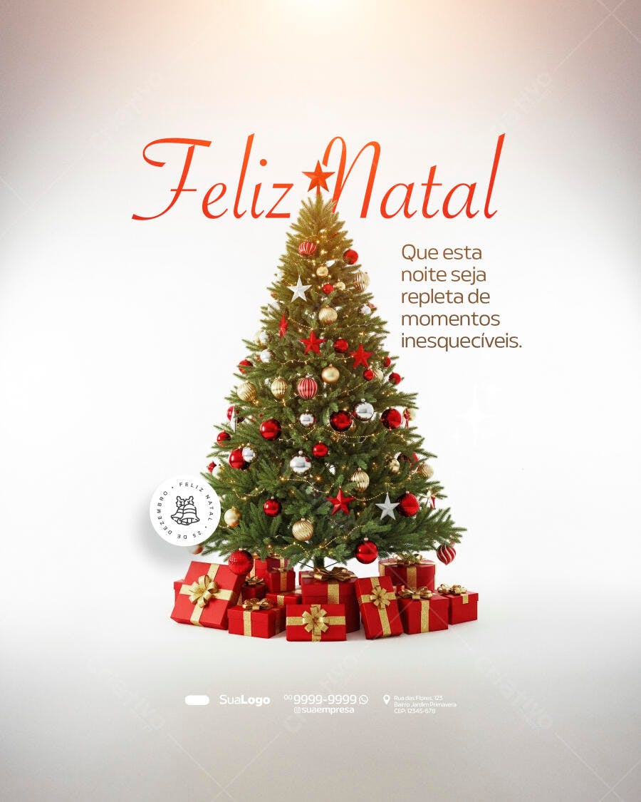 Flyer Feliz Natal com Árvore e Presentes PSD Editável