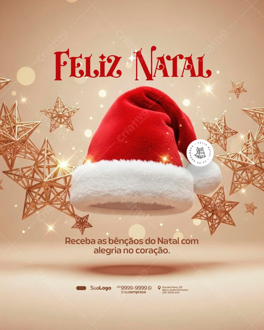 Flyer Natalino para Celebração com Gorro de Papai Noel e Estrelas Douradas PSD Editável