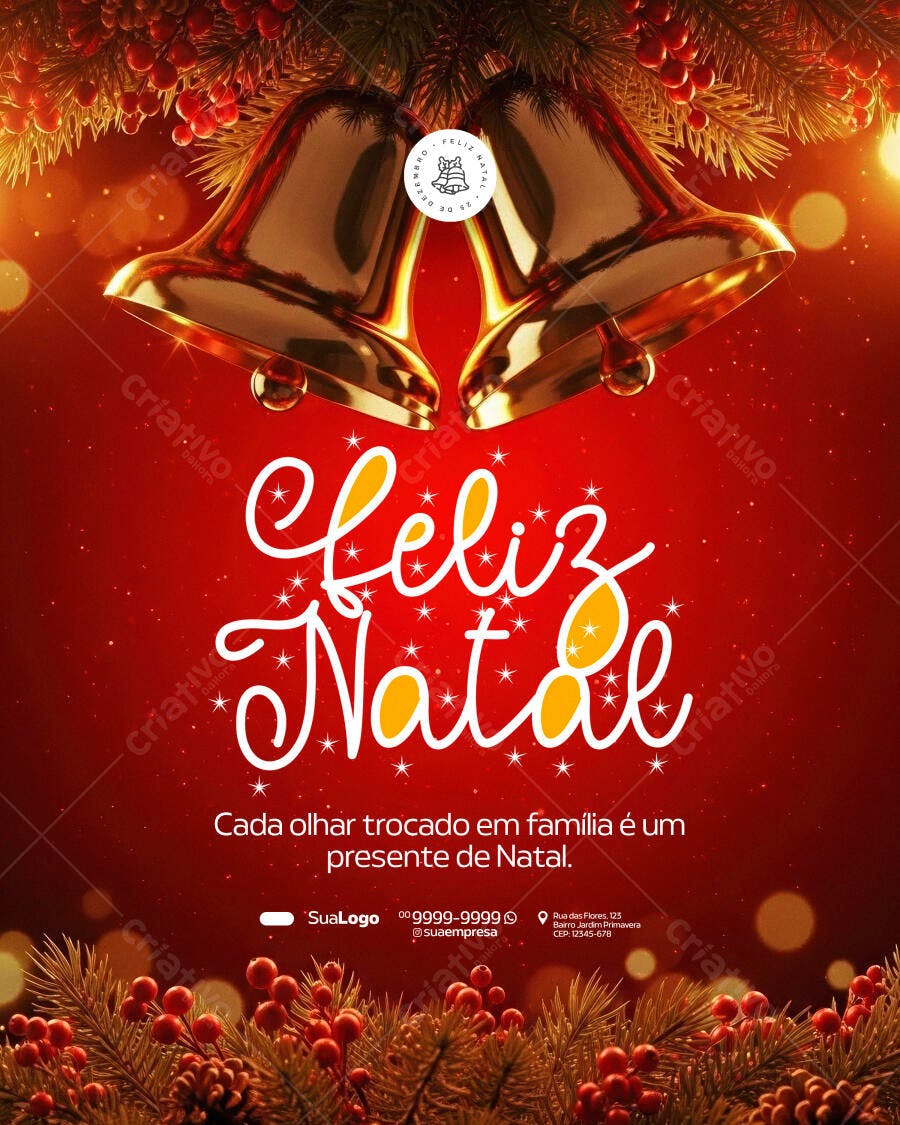 Flyer Feliz Natal com Sinos Dourados PSD Editável