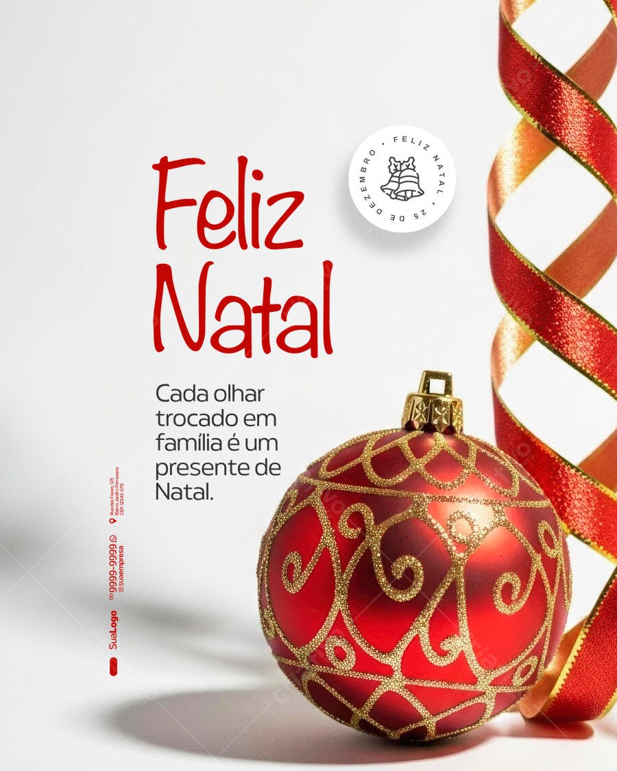 Flyer Feliz Natal com Bola e Fita Dourada PSD Editável