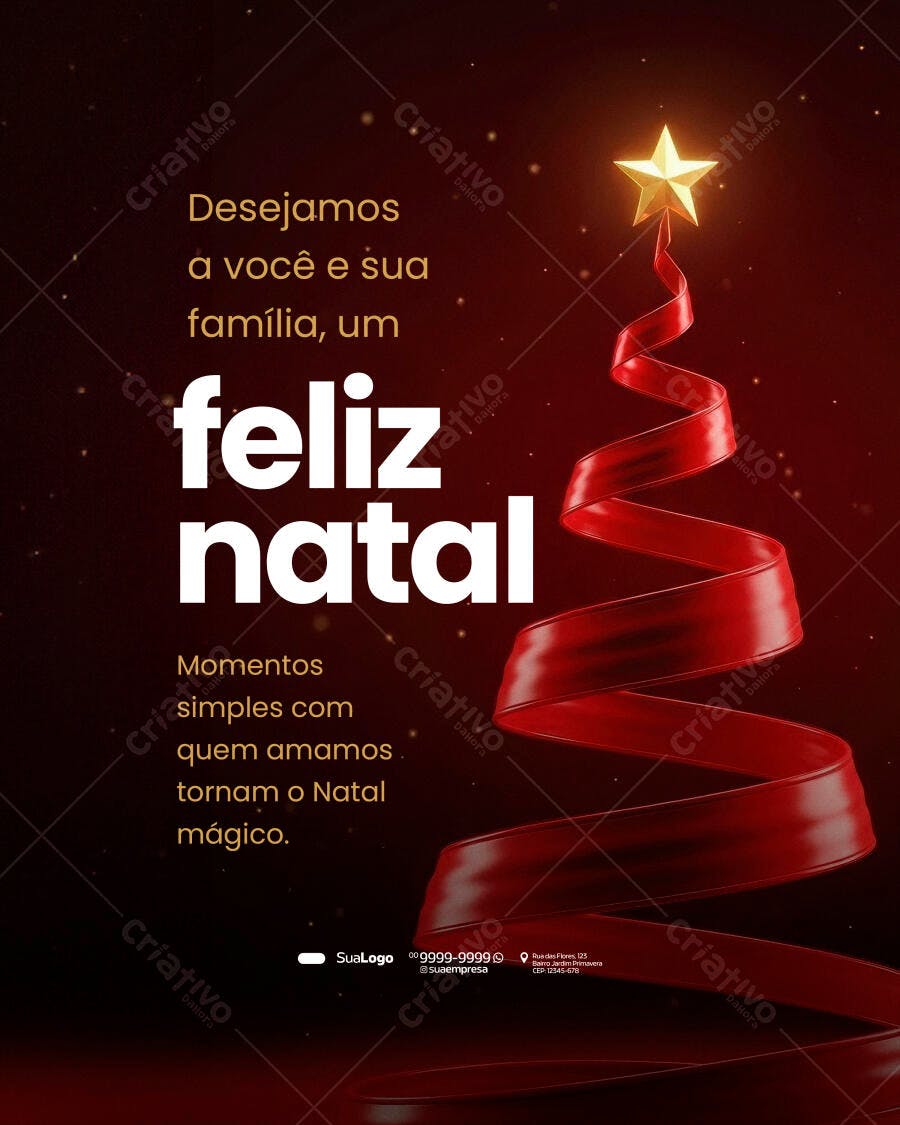 Post Natalino "Feliz Natal" Árvore Fita Vermelha PSD Editável