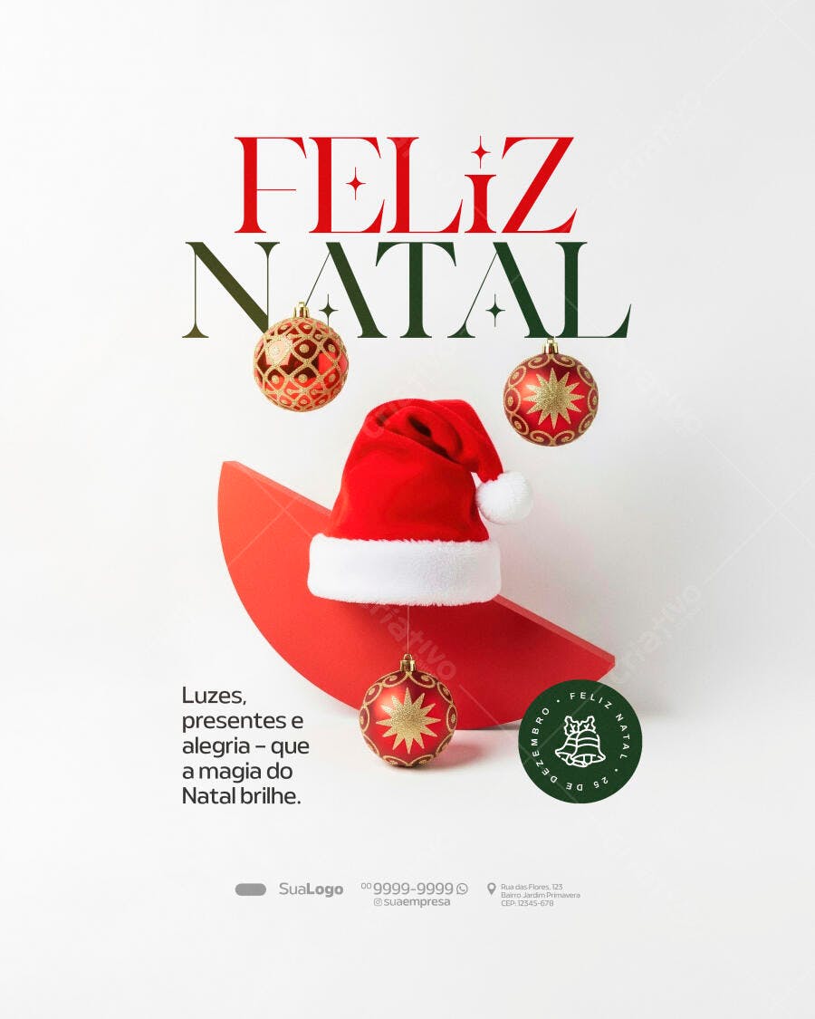 Flyer Feliz Natal com Gorro e Enfeites Vermelhos PSD Editável