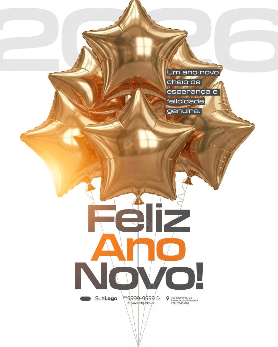 Flyer Feliz Ano Novo com Balões Estrela Dourados PSD Editável