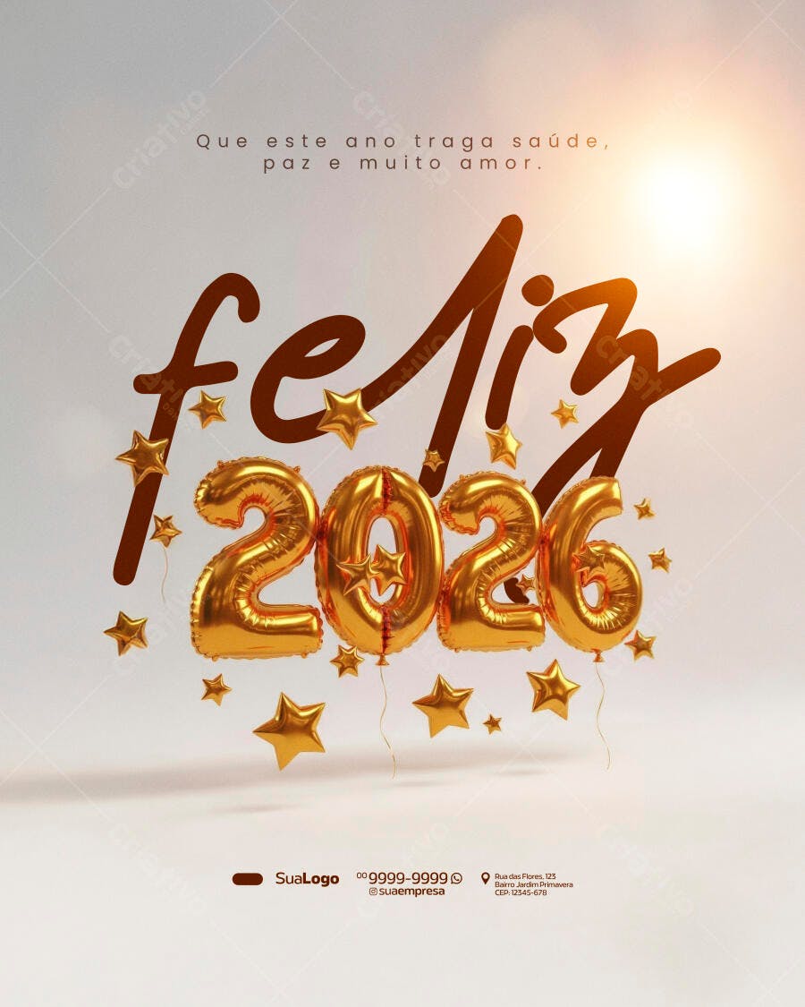 Post Rede Social para Ano Novo 2026 Balões Dourados PSD Editável