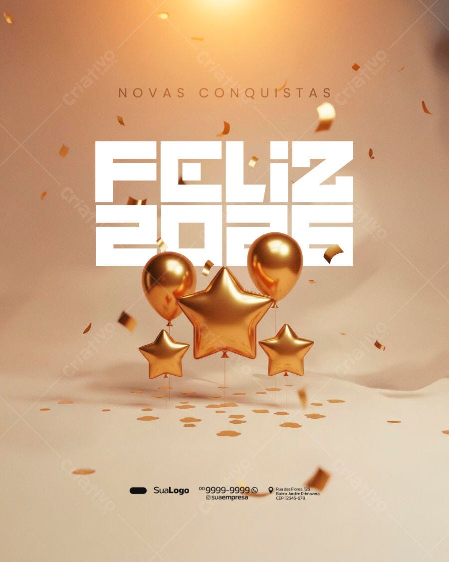 Flyer para Feliz Ano Novo 2024 Novas Conquistas Balões Dourados PSD Editável