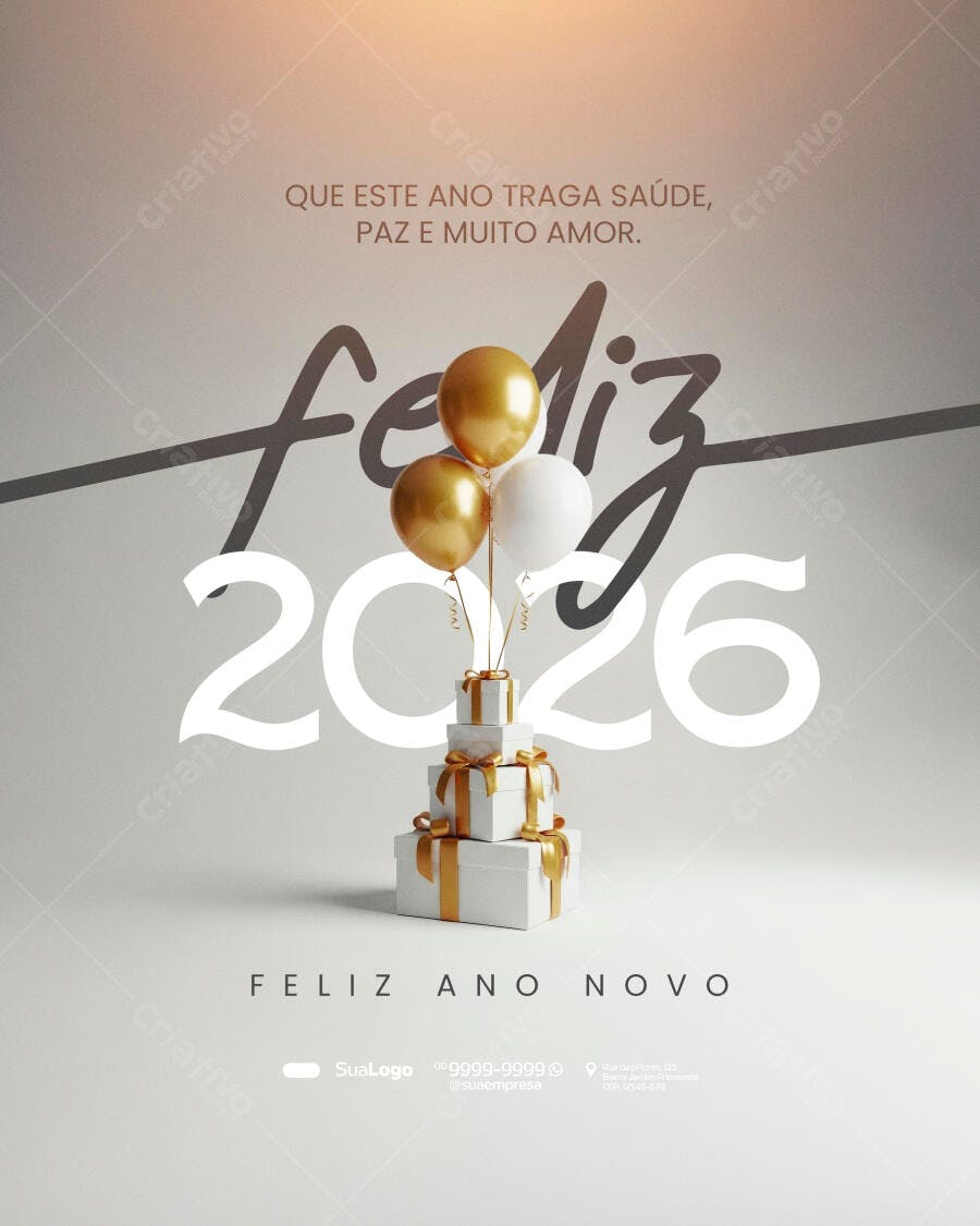 Post Redes Sociais Feliz Ano Novo 2026 Balões e Presentes PSD Editável
