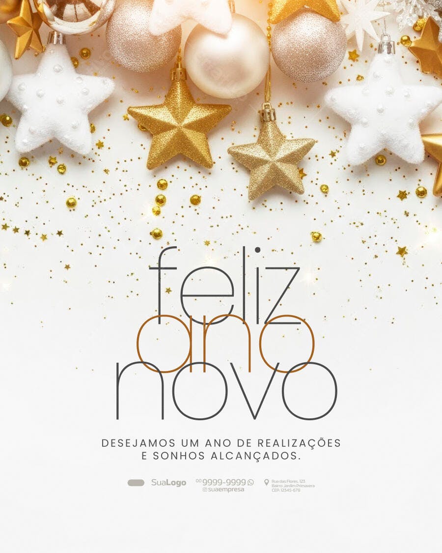 Post Redes Sociais Feliz Ano Novo com Estrelas Douradas PSD Editável
