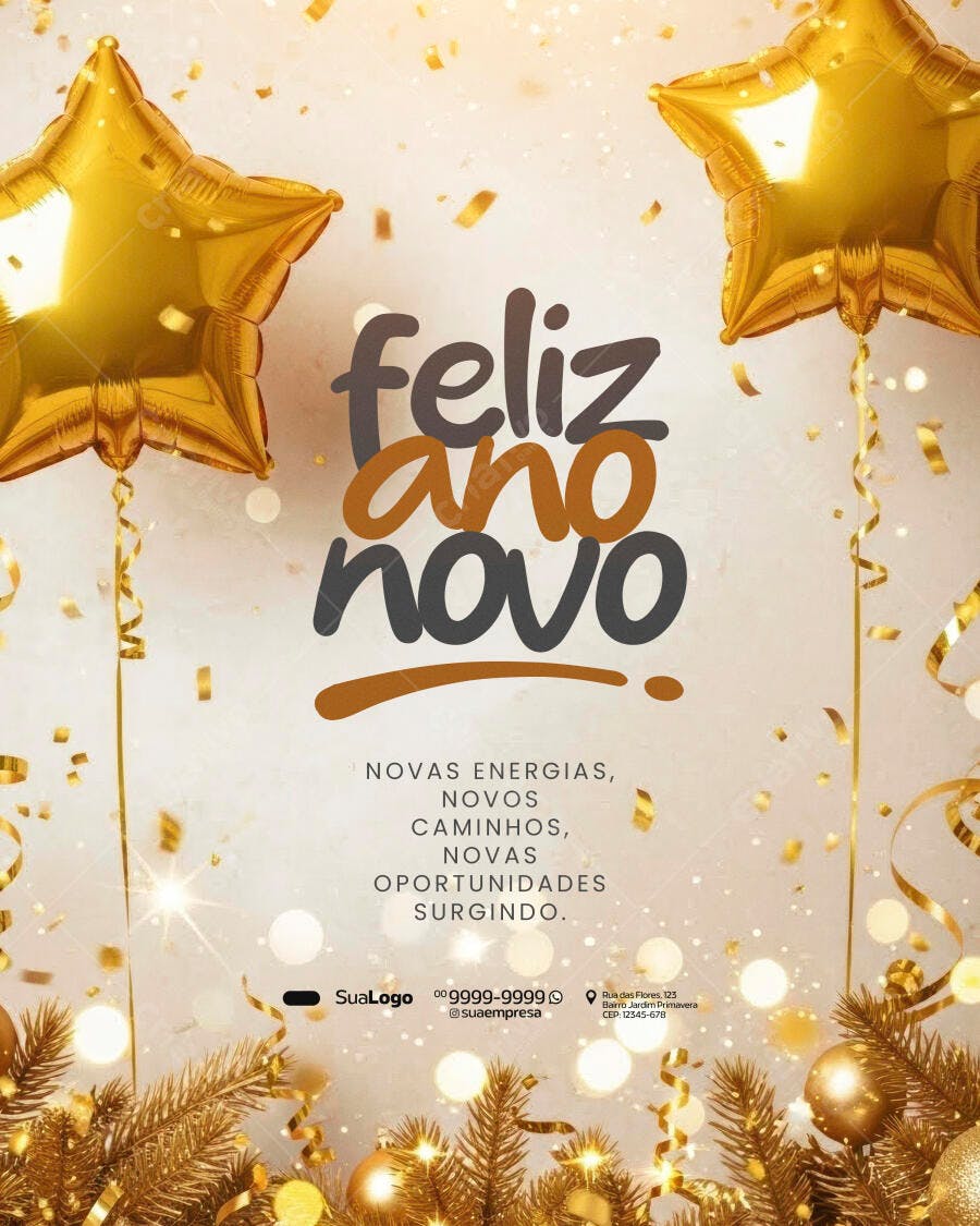 Flyer Ano Novo Dourado com Balões e Confetes PSD Editável