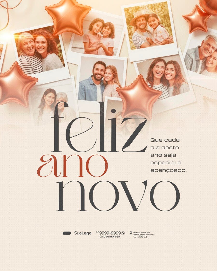 Post Redes Sociais Feliz Ano Novo Famílias Balões PSD Editável