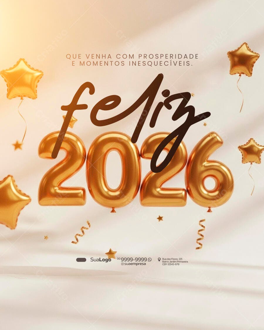 Flyer Feliz Ano Novo 2026 Celebração Dourada PSD Editável