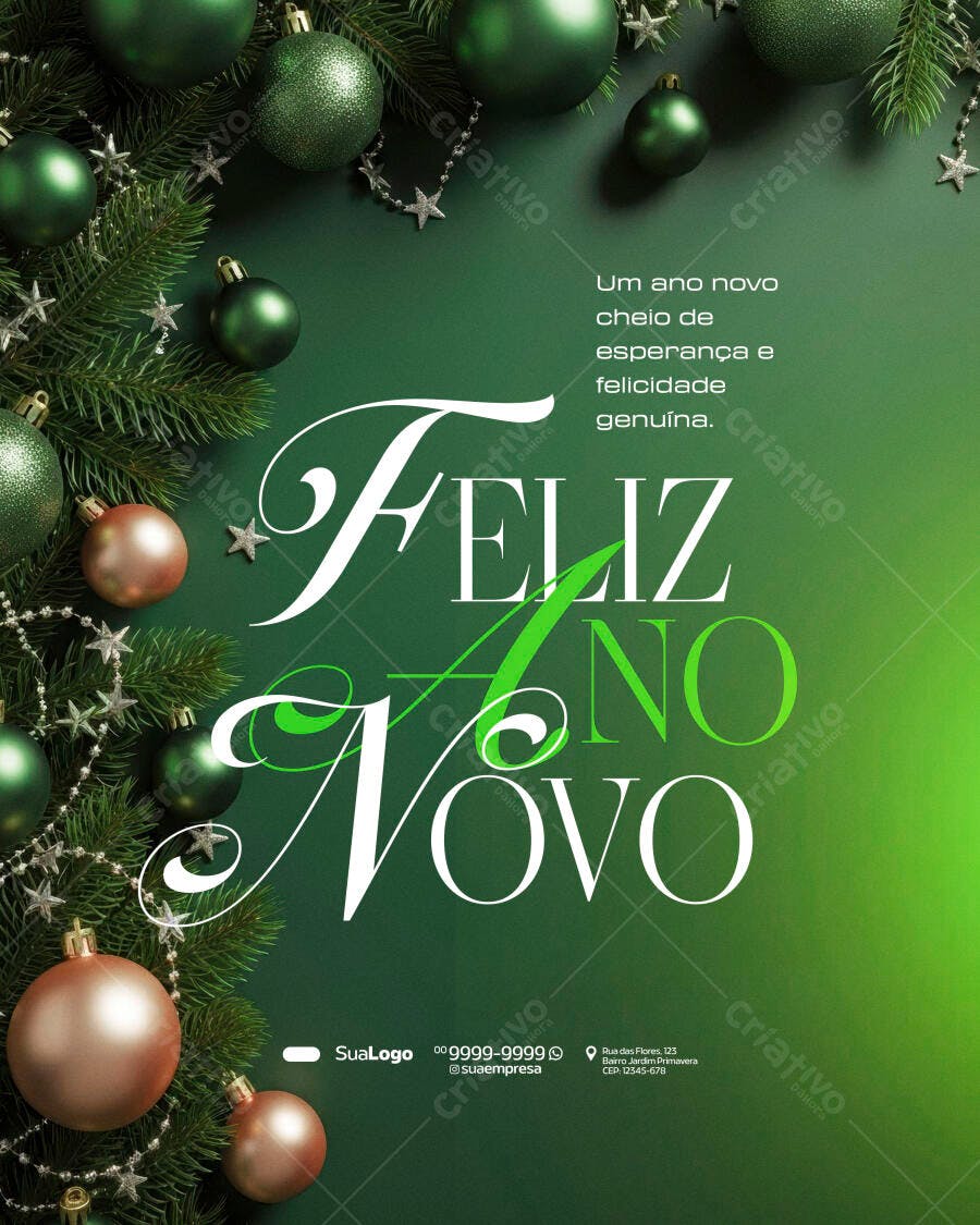 Flyer Feliz Ano Novo Verde e Dourado PSD Editável