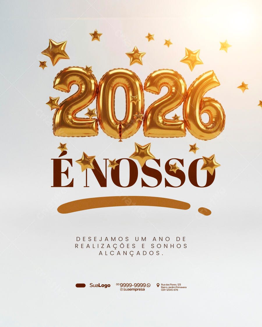 Post de Ano Novo 2026 Dourado PSD Editável