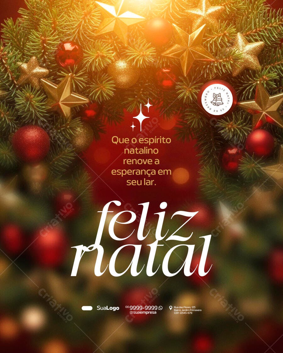 Flyer Natalino com Pinheiros Estrelas Douradas e Bolas Vermelhas PSD Editável