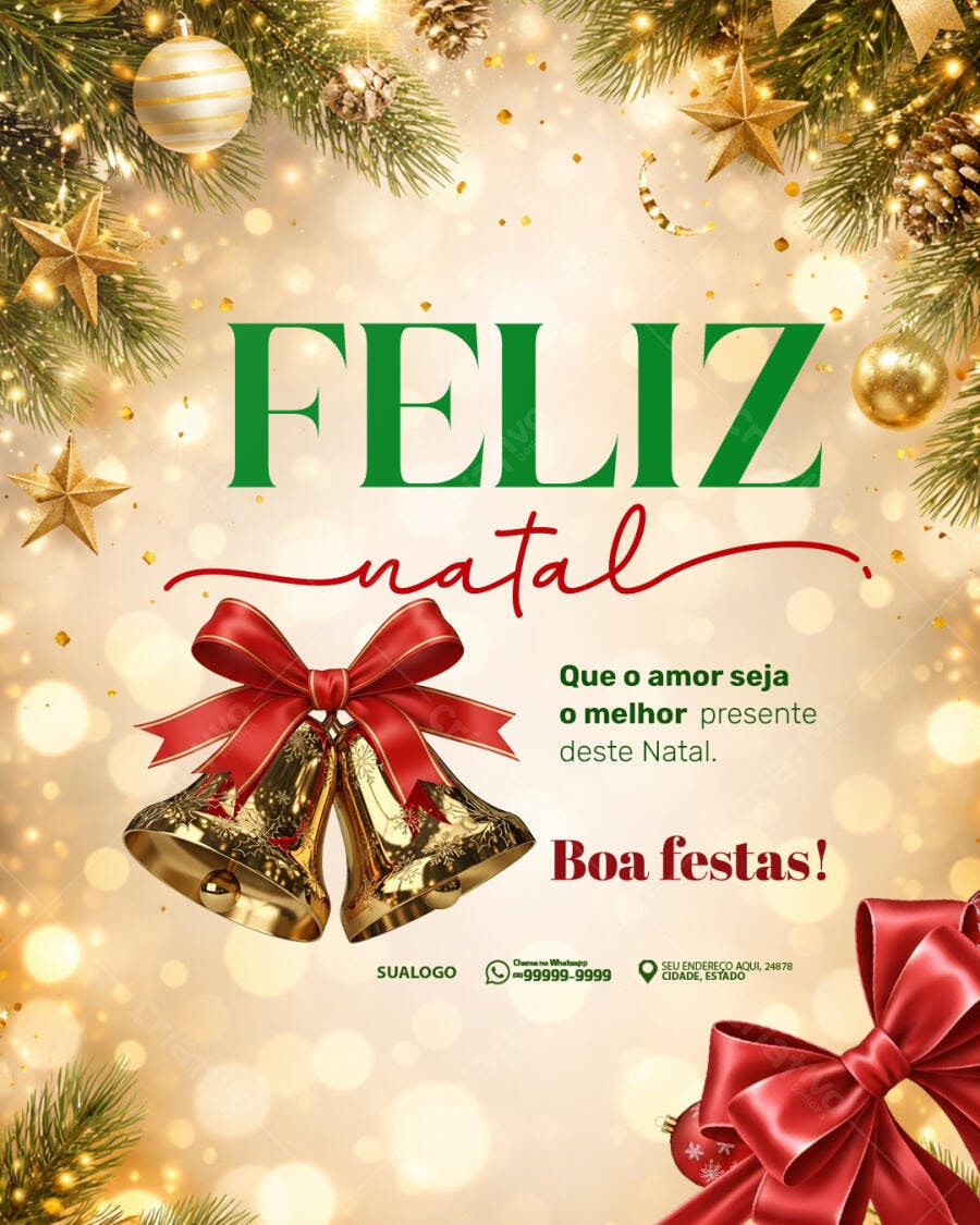 Flyer Feliz Natal Boas Festas com Sinos Dourados e Laços Vermelhos PSD Editável