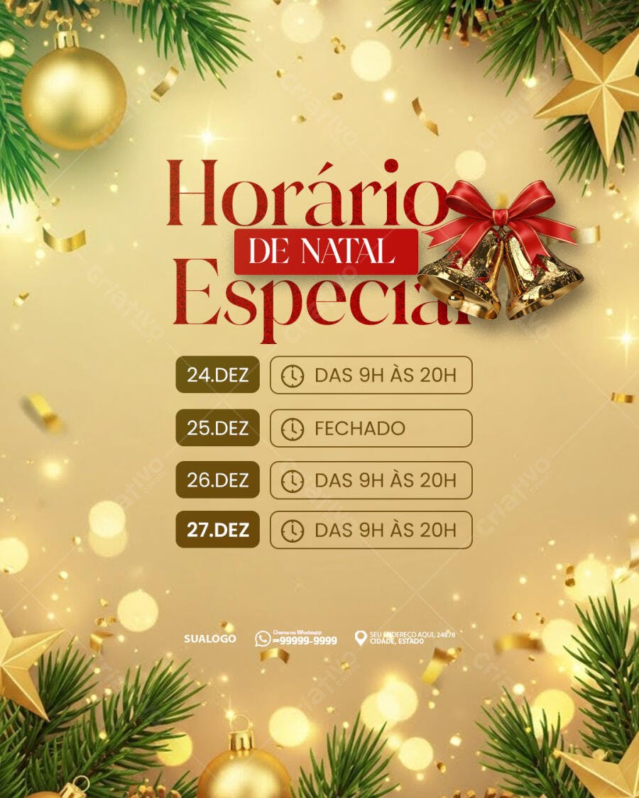 Flyer Horário de Natal Especial com Sinos e Bolas Douradas PSD Editável