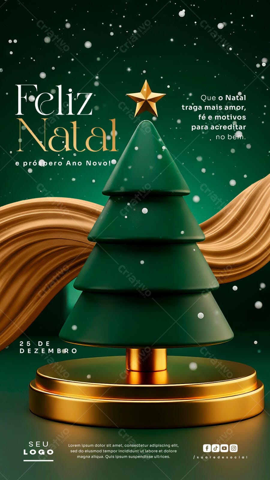 Flyer Feliz Natal e Ano Novo 3D Dourado PSD Editável
