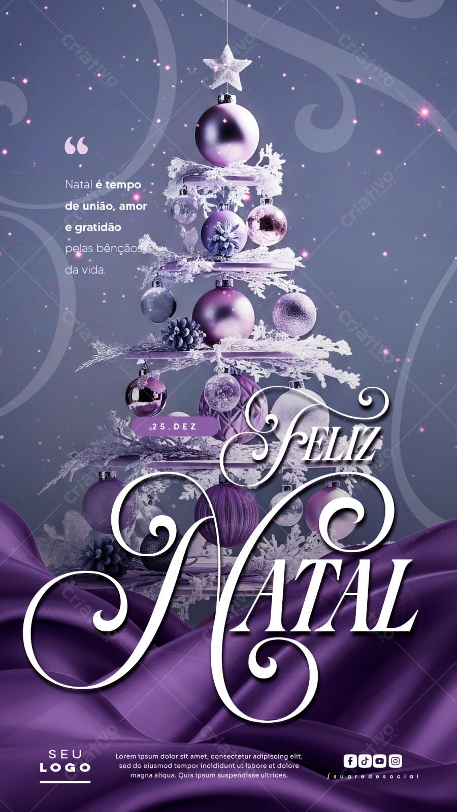 Flyer Feliz Natal Roxo com Árvore Estrela PSD Editável