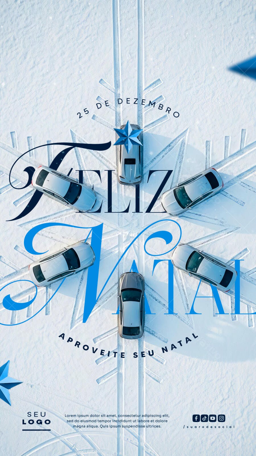 Flyer Feliz Natal com Carros na Neve 25 de Dezembro PSD Editável