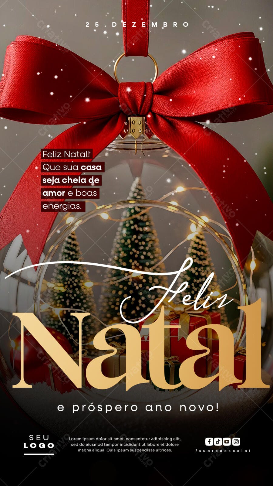 Post de Natal e Ano Novo com Árvores e Laço Vermelho PSD Editável