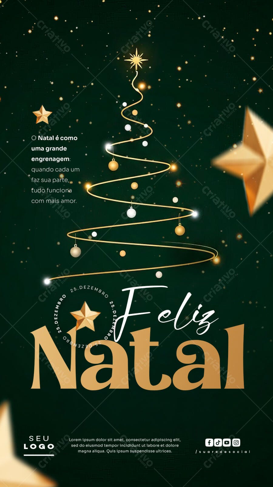 Post para Instagram Feliz Natal Dourado e Verde PSD Editável