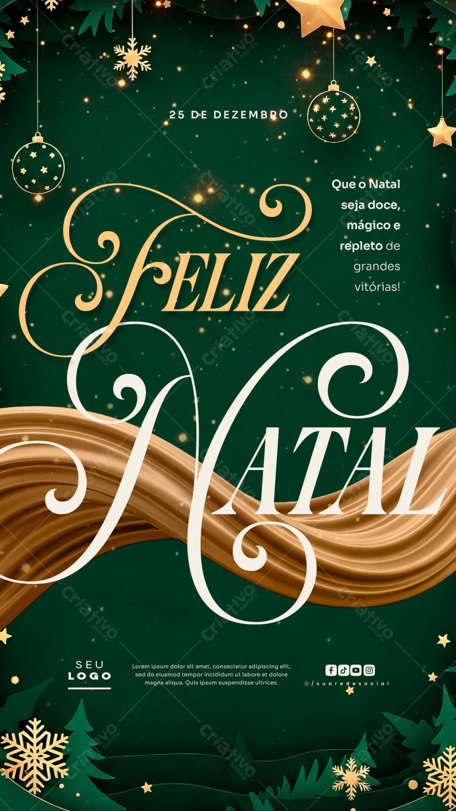 Post de Instagram Feliz Natal Dourado Verde Psd Editável