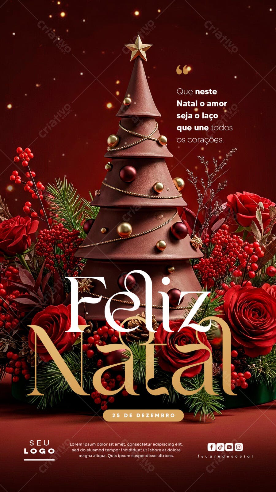 Post de Natal Feliz Natal Vermelho e Dourado PSD Editável