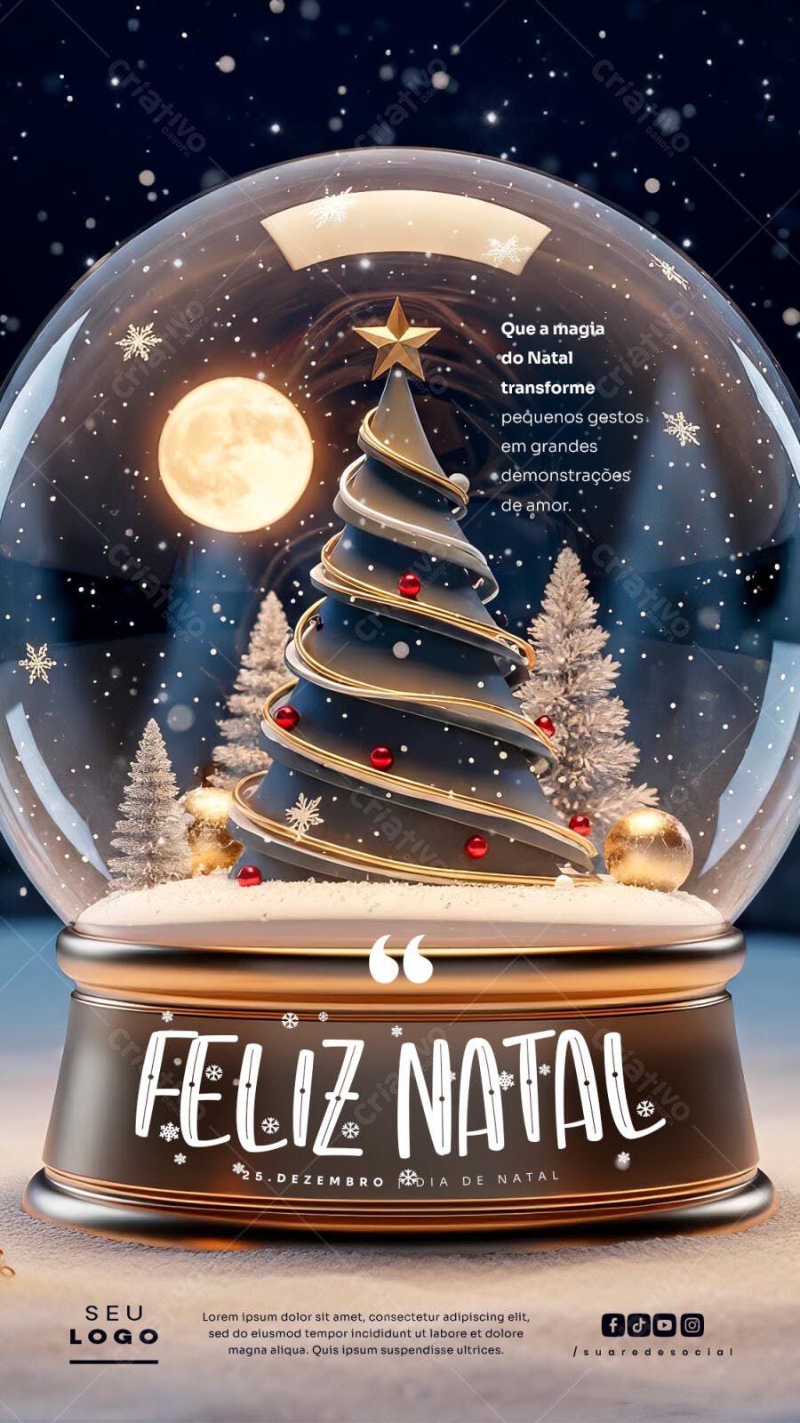 Flyer Feliz Natal Mensagem Globo de Neve PSD Editável