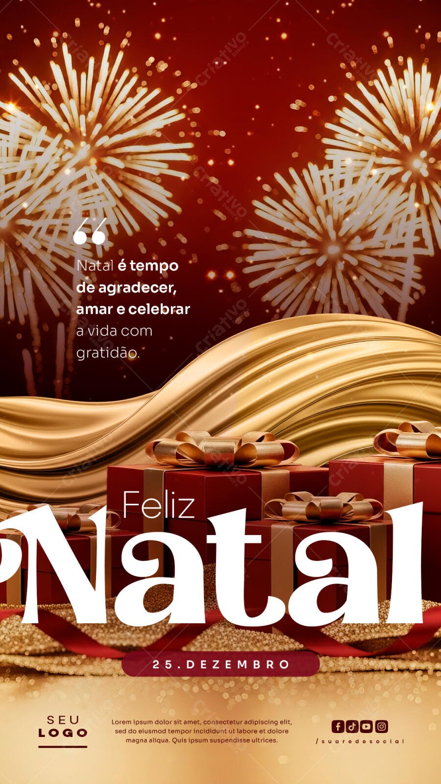 Flyer para Feliz Natal com Presentes e Fogos Dourados PSD Editável