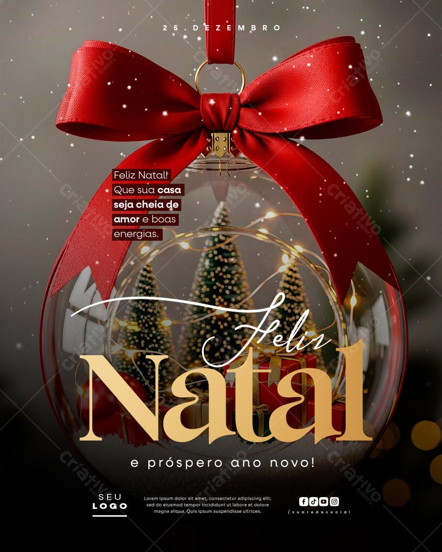 Flyer Feliz Natal com Bolha de Vidro e Árvores PSD Editável