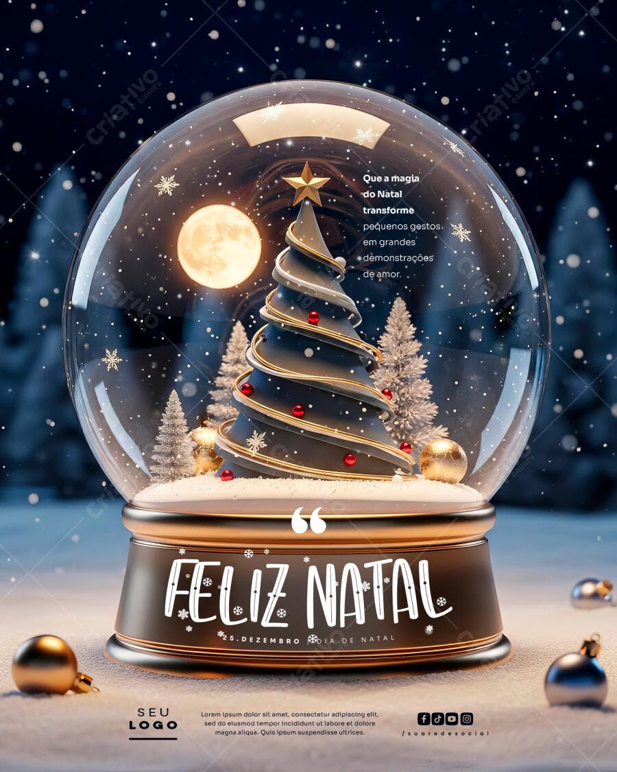 Cartão de Natal com Globo de Neve PSD Editável
