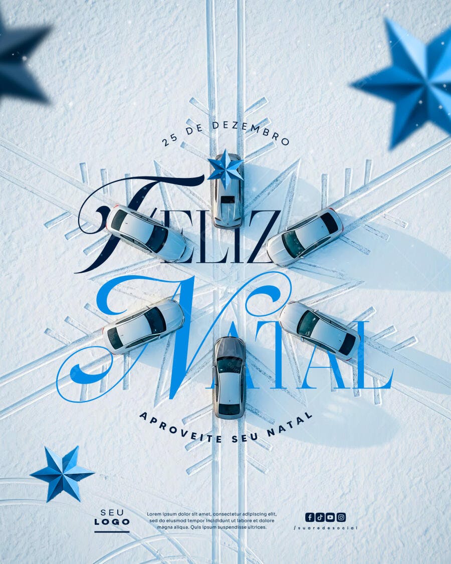 Flyer para Feliz Natal com Carros na Neve PSD Editável
