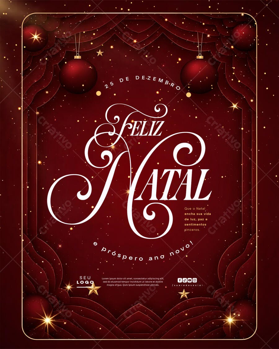 Flyer Feliz Natal e Próspero Ano Novo Vermelho Dourado PSD Editável