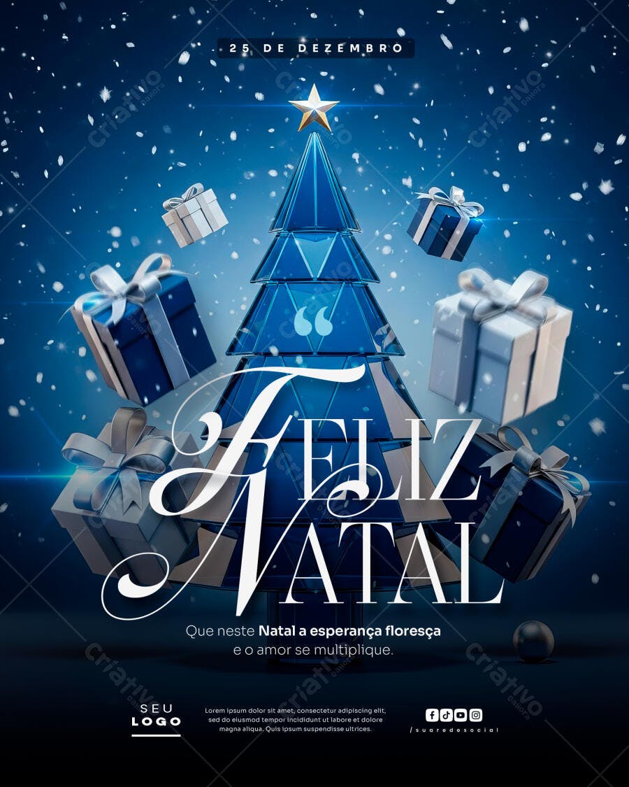 Flyer Feliz Natal 25 de Dezembro Azul Árvore e Presentes PSD Editável