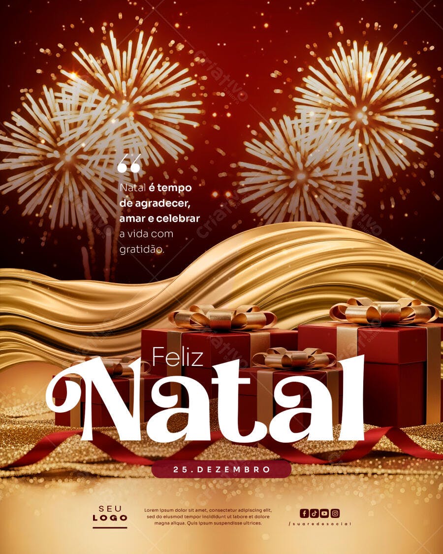 Flyer Feliz Natal com Presentes e Fogos de Artifício PSD Editável