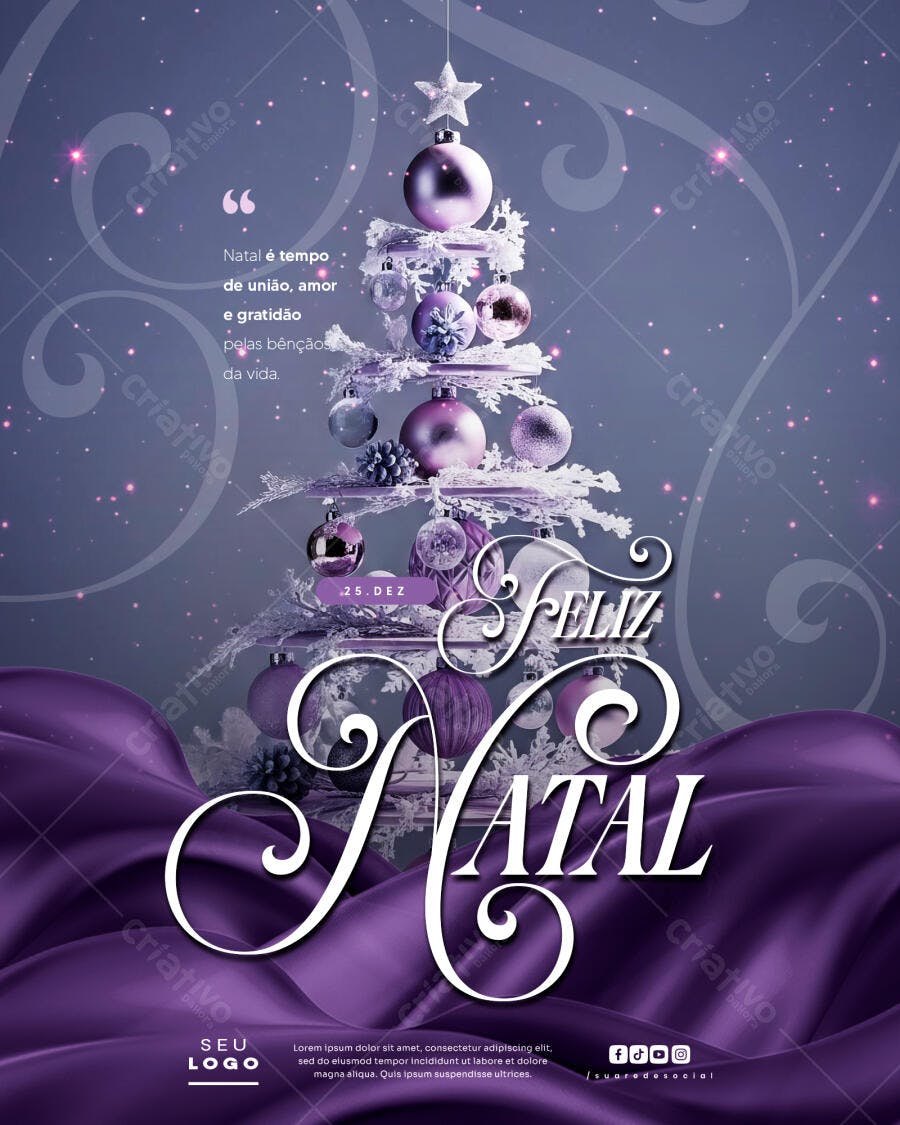 Flyer Feliz Natal com Enfeites Roxo Psd Editável