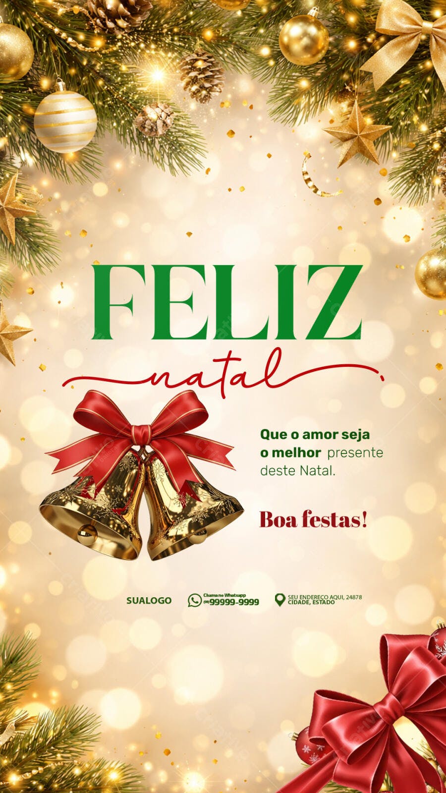 Flyer Feliz Natal Dourado com Sinos e Luzes PSD Editável