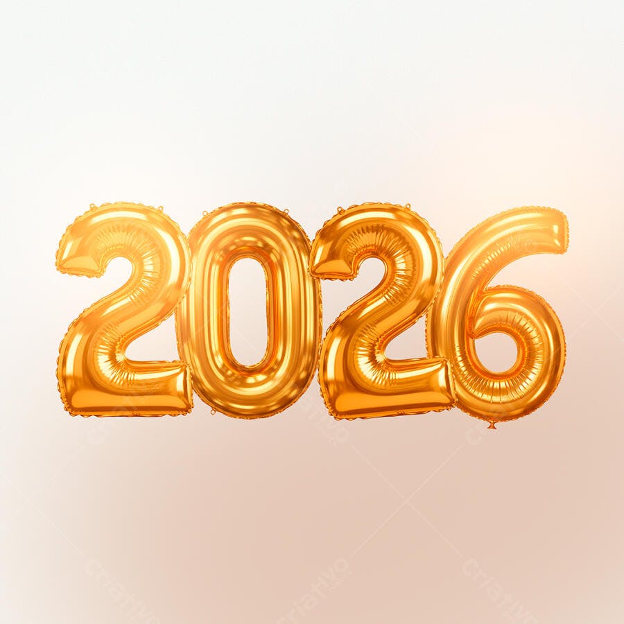 Números Balão para Celebração de Ano Novo 2026 PSD Editável