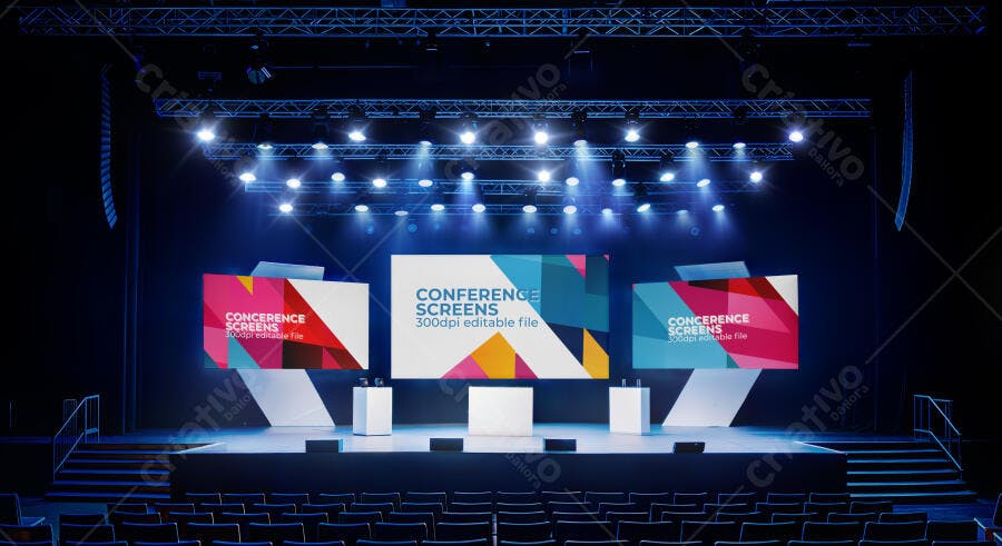 Mockup Palco Moderno de Conferência com Telas Digitais e Iluminação Azul Profissional
